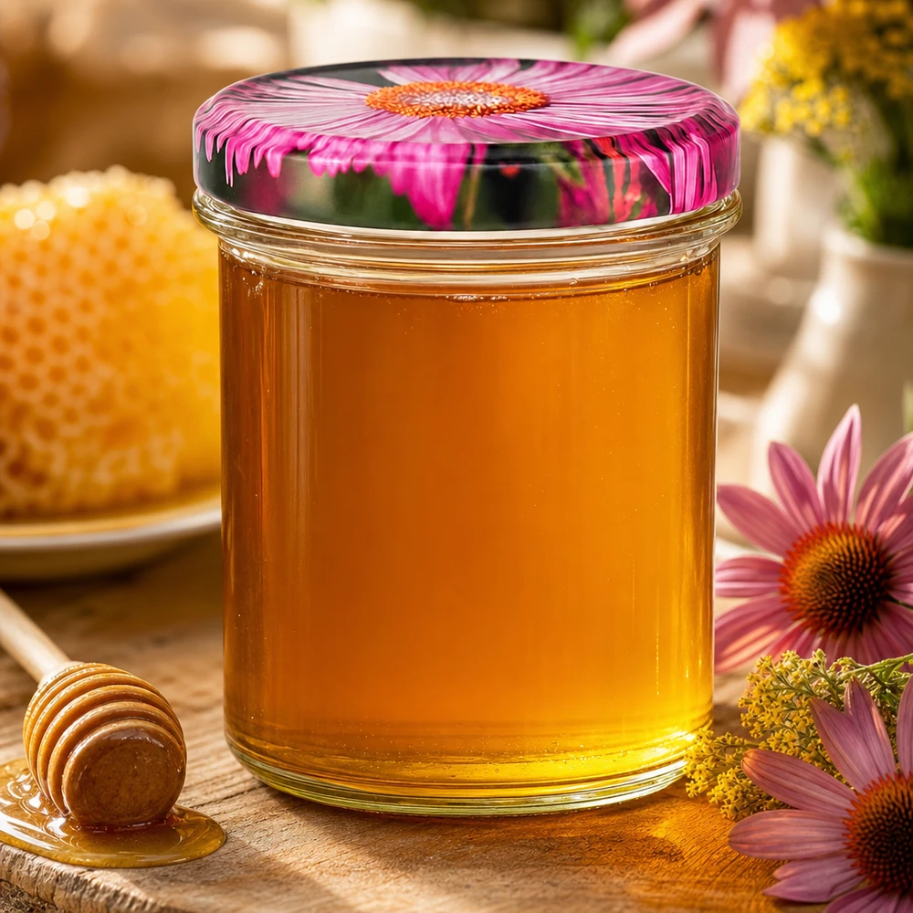 350ml kelímky + víčko BasicSeal s květinovým dekorem UNiTwist Einmachglas 350ml mit Blüten-BasicSeal-Deckel gefüllt mit goldenem Honig neben Bienenwabe und Holzhonigstab
