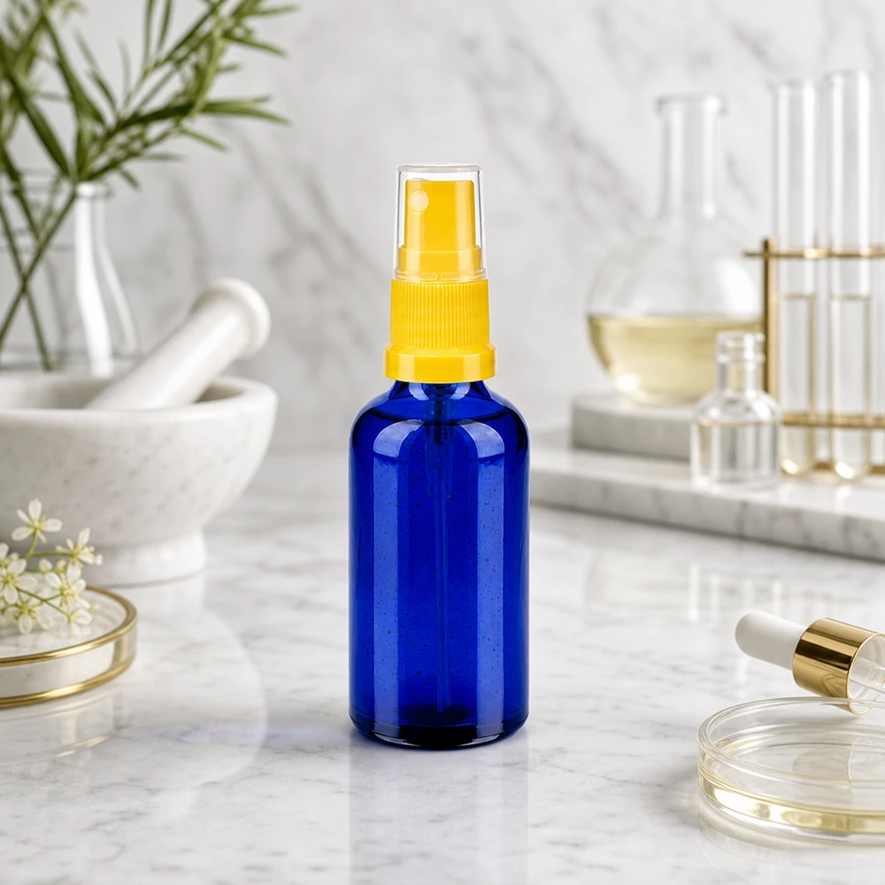 50ml lahvička s rozprašovačem žlutá/transparentní standardní uzávěr BlueLine UT18/50 Elegante 50ml Cobalt-Glasflasche mit goldgelbem Akzent perfekt für hochwertige Beauty-Produkte