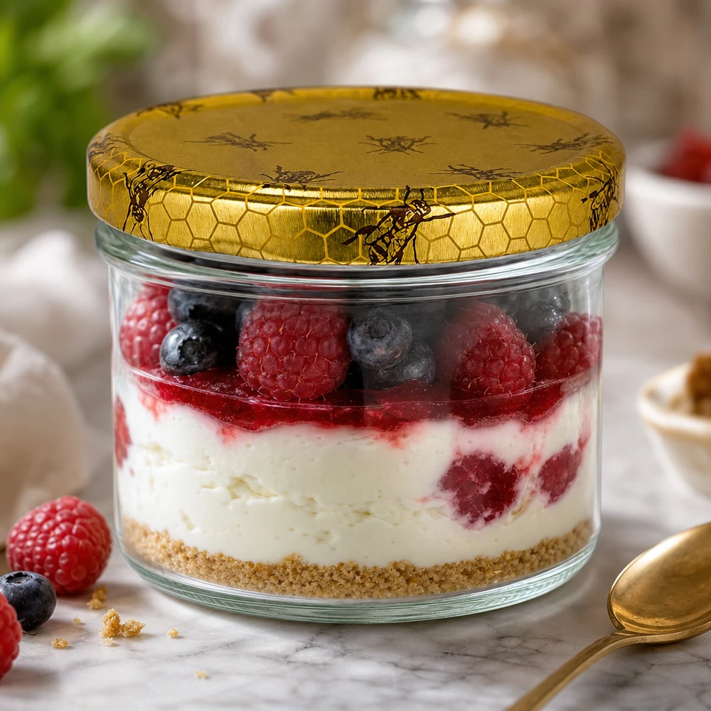 Dessert Parfait im 225ml Sturzglas BasicSeal Bienenwaben-Deckel mit Beeren Joghurt Schichtdessert Nachtisch Glas