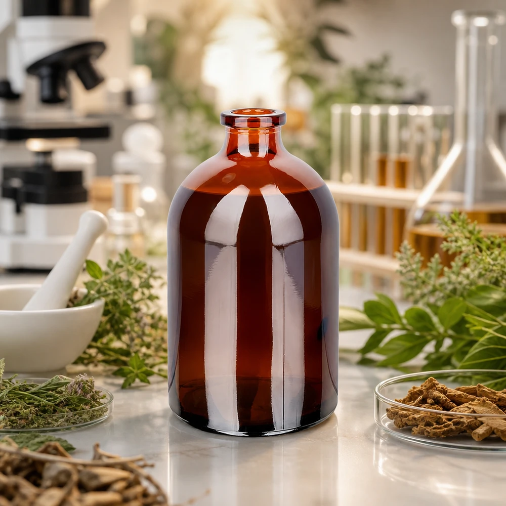 Injekční lahvička z jantarového skla 100ml Injektionsflasche Braunglas 100ml mit schmalem Rollrandhals umgeben von botanischen Laborproben