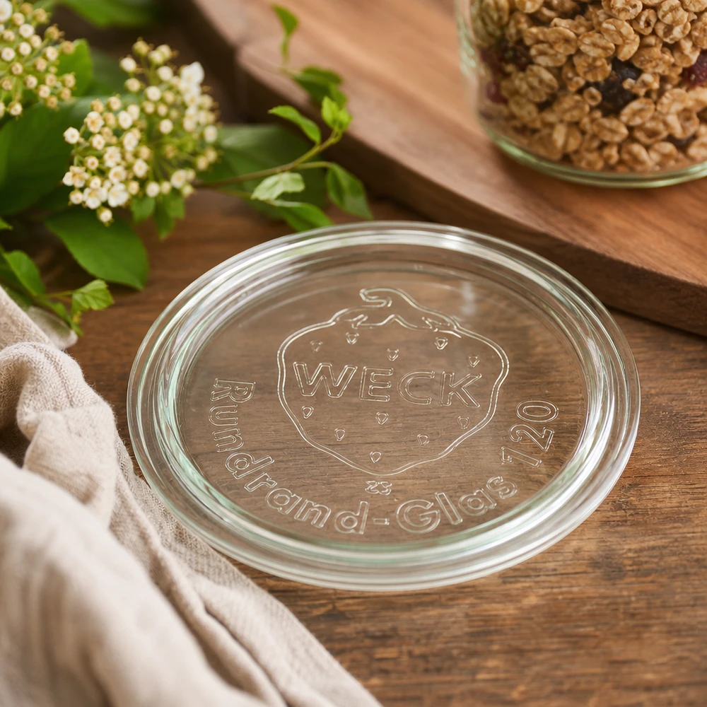 Skleněné víčko WECK RR120 WECK Glasdeckel RR120 Detailaufnahme mit geprägtem Logo auf Holzuntergrund neben Walnüssen und weißen Blüten