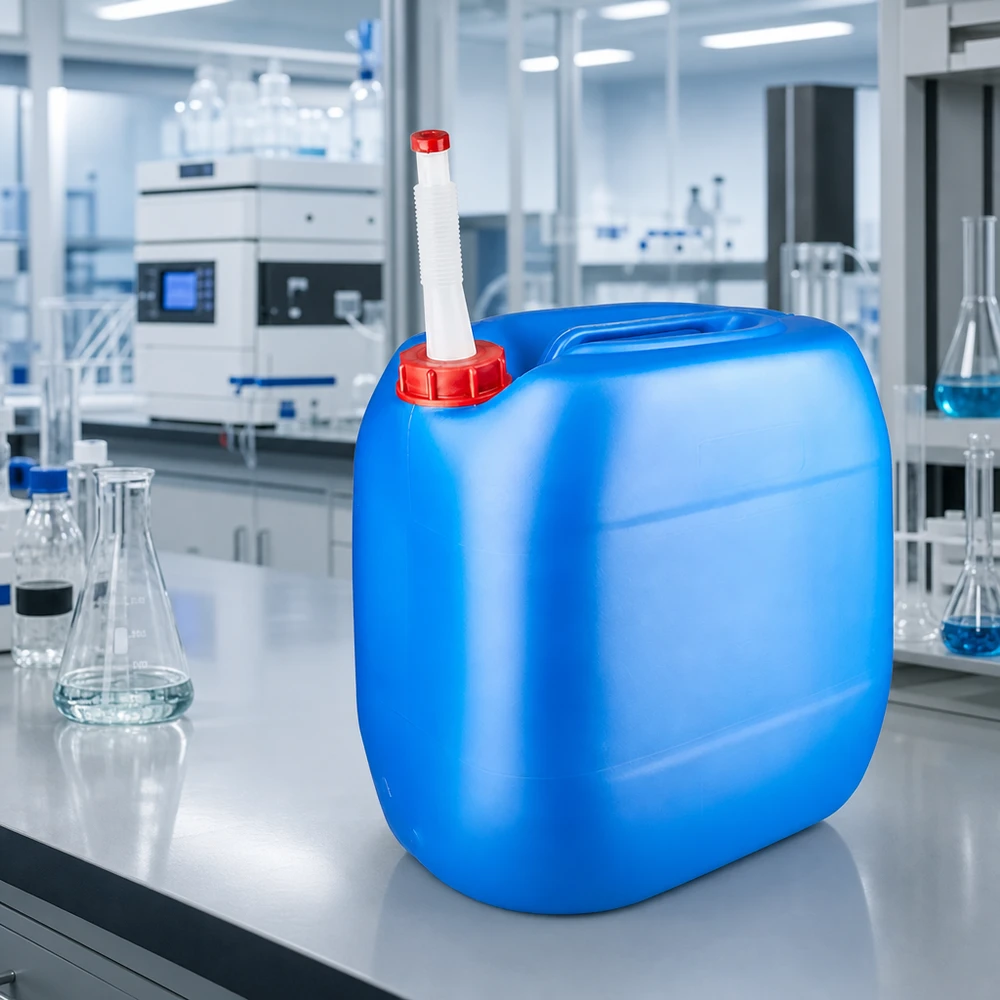 Hellblauer Flüssigkeitsbehälter 30 Liter mit biegsamem Auslaufrohr und griffigem Tragegriff