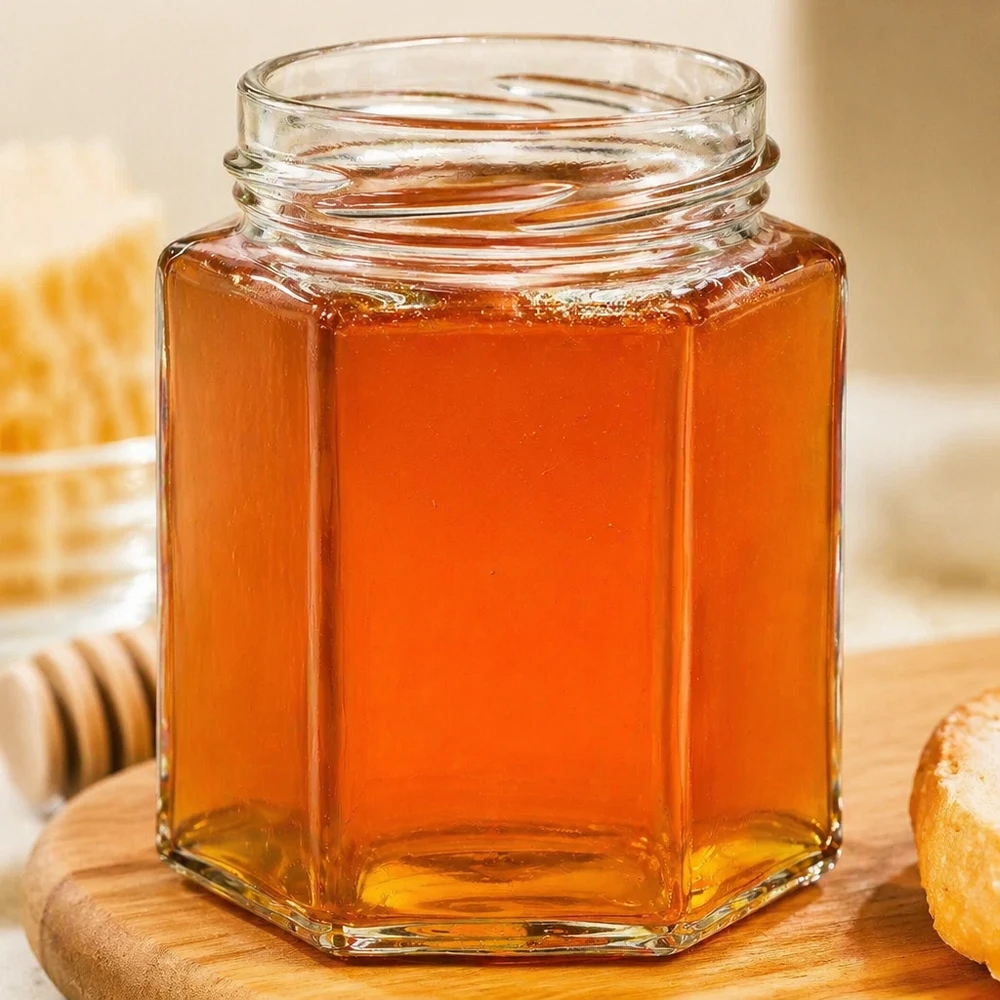 Šestihranná sklenice o objemu 196 ml bez víčka (TO58) UNiTWIST UNiTWIST Hexa196 sechseckiges Honigglas 196ml mit goldenem Honig gefüllt auf Holzuntergrund