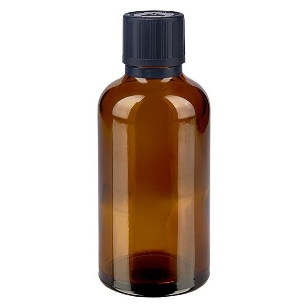 Lékárenská láhev hnědá 50ml kapací uzávěr nalévací kroužek 1mm černý dětská pojistka slepý výstražný symbol nedovolená manipulace s uzávěre