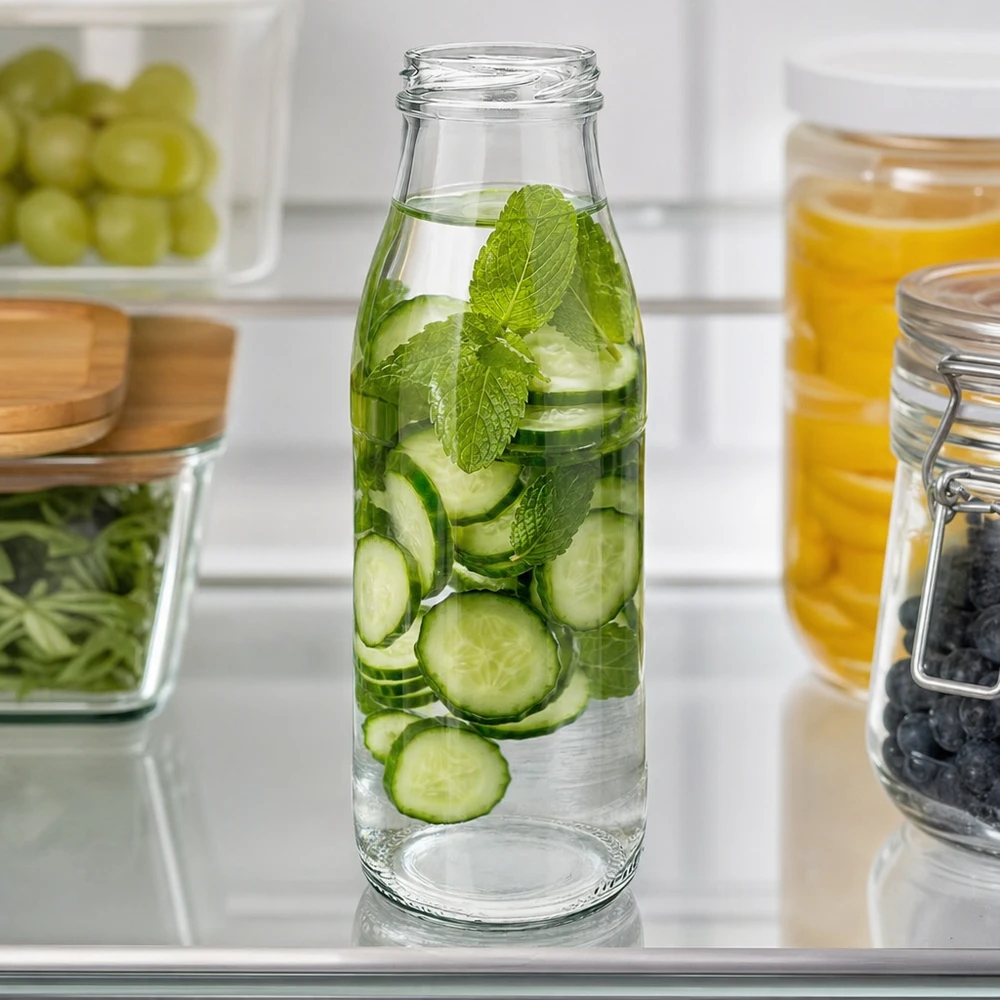 Skleněná láhev o objemu 500 ml bez víčka (TO48) UNiTWIST 500ml Glasflasche TO48 UNiTWIST mit Gurkenscheiben und Minze als Infused Water im modernen Kühlschrank
