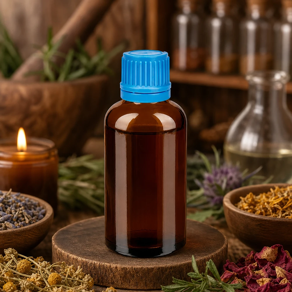 50ml láhev 11mm šroubovací uzávěr modrý tamper evidentní uzávěr BrownLine UT18/50 50ml Glasflasche mit UV-Schutz und blauem Verschluss für professionelle Anwendung in der Apotheke