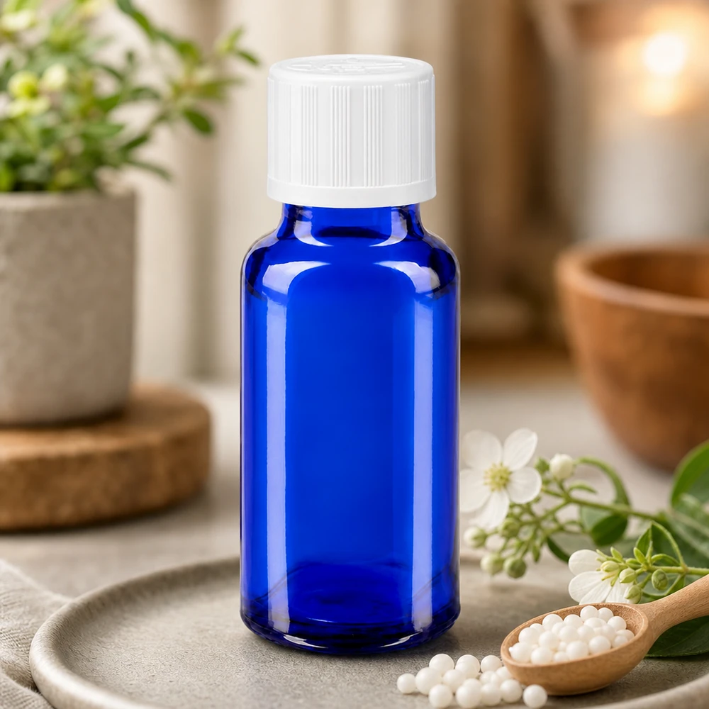 Kleine Apothekerflasche blau 20ml weißer Kindersicherheitsverschluss zwischen weißen Blüten