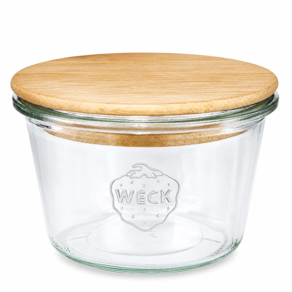 370ml tumblery WECK RR100 s dřevěným víkem buchta 370ml WECK RR100 Sturzglas mit Holzdeckel - rundes Einmachglas aus Glas mit Bambusdeckel für Küche