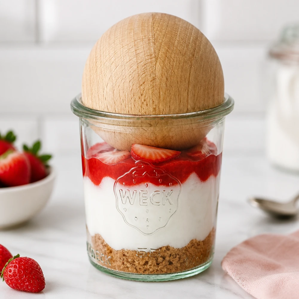 140ml kelímky WECK RR60 s dřevěnou kuličkou buk WECK Sturzglas 140ml RR60 als Dessertglas mit Erdbeeren und Sahne, Holzkugel aus Buche als stilvoller Deckel