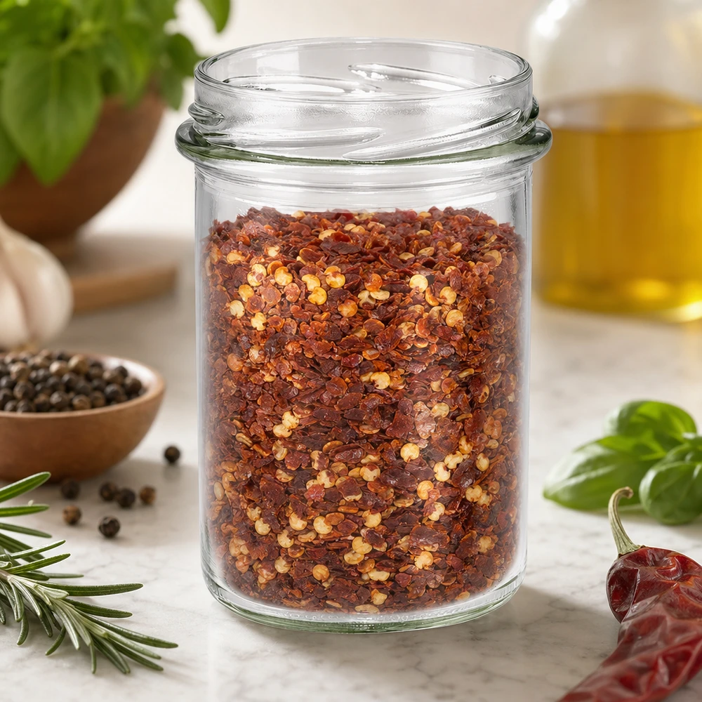Tumbler 230ml bez víčka (TO66) UNiTWIST UNiTWIST Sturz230 Sturzglas 230ml TO66 mit Chili-Gewürzmischung gefüllt auf Küchentisch mit Kräutern