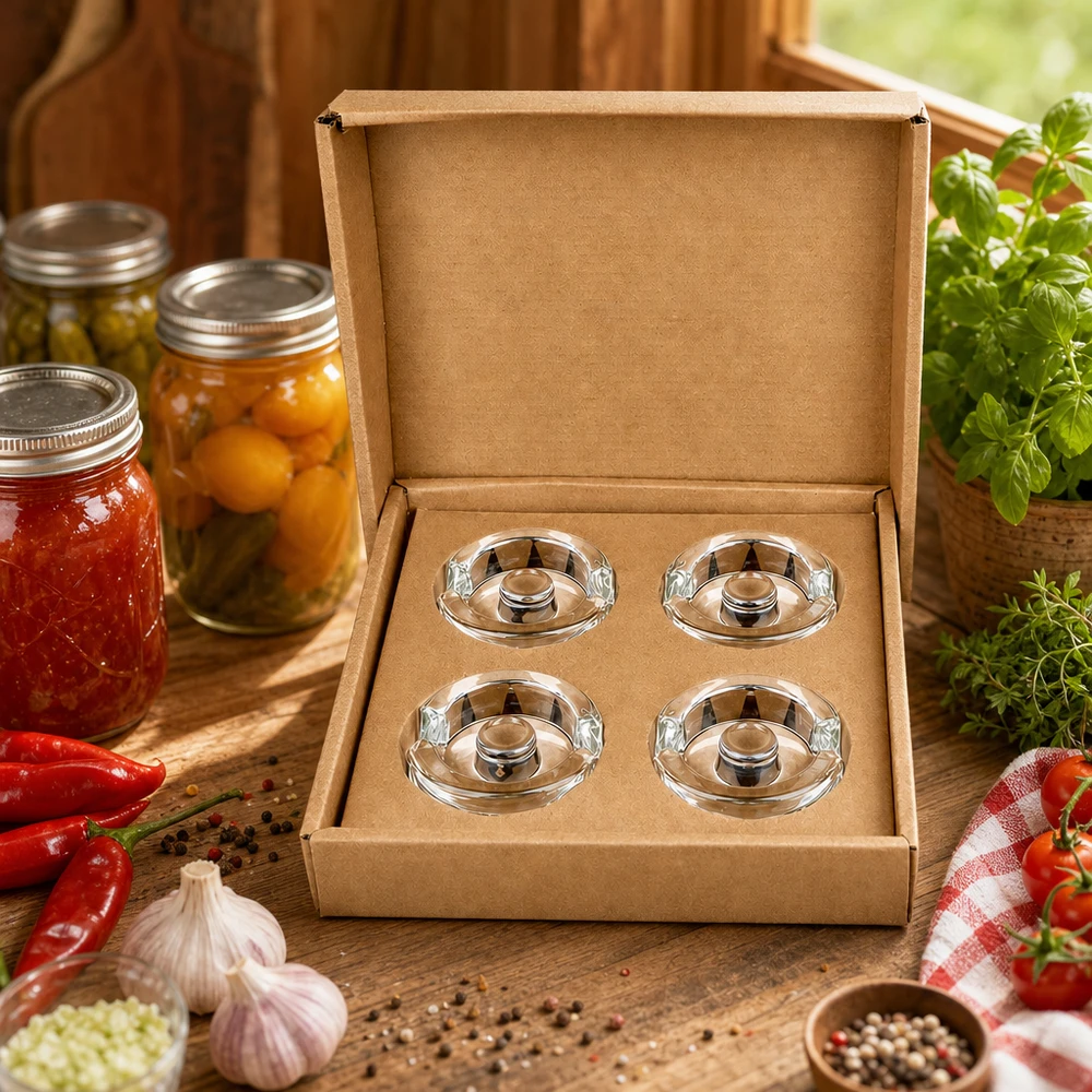 Zátěže na fermentační sklenice s rukojetí, sada 4 kusů UNiTWIST Fermentier-Glasgewichte UNiTWIST 4er Set in Geschenkbox umgeben von frischen Kräutern Tomaten und Einmachgläsern