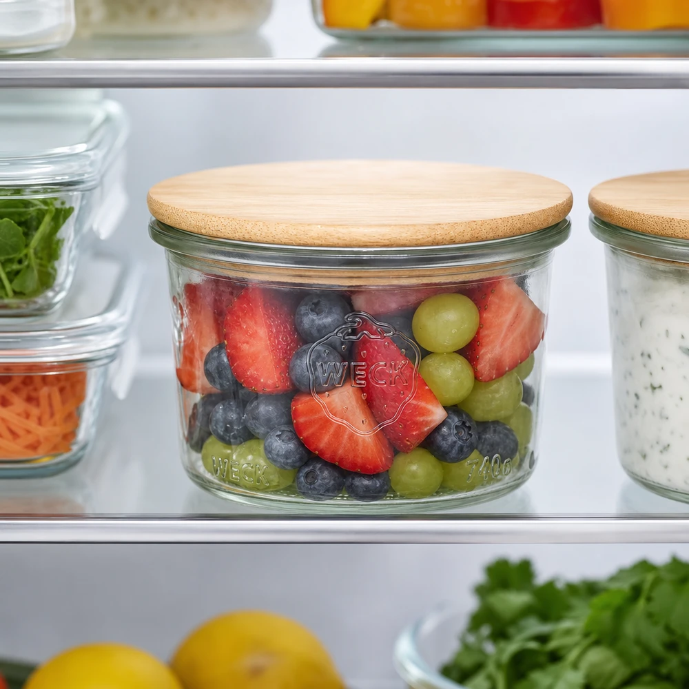 WECK Sturzglas 200ml RR80 mit Bambusdeckel gefüllt mit buntem Obstsalat im Kühlschrank für optimale Lebensmittelaufbewah