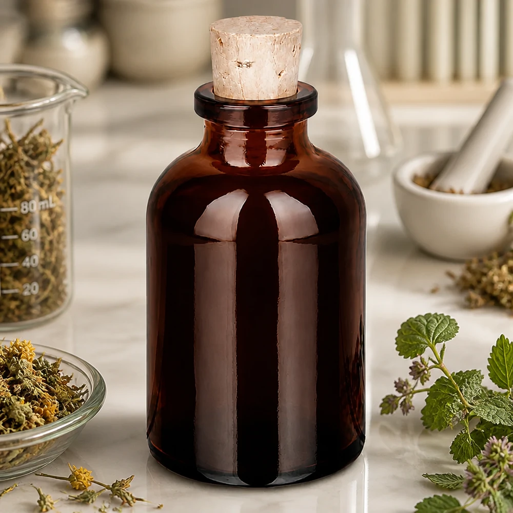 Jantarová skleněná láhev 30ml se zátkou 11/14mm Dunkle Glasflasche 30ml mit Korken für Homöopathie und Pflanzentinkturen