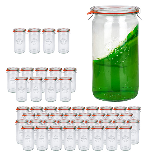 Sada 48 zavařovacích sklenic Weck o objemu 340 ml ve tvaru válce se 48 skleněnými víčky.