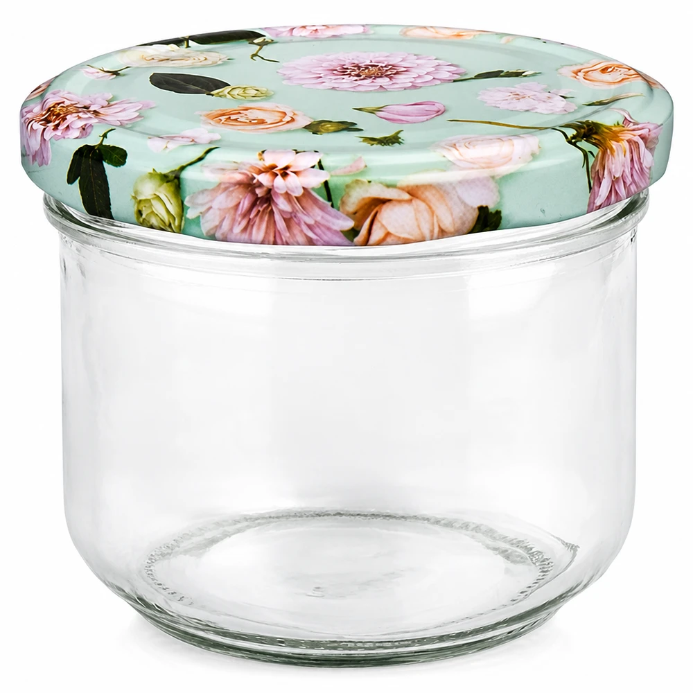 260ml Sturzglas mit BasicSeal Deckel in mint mit Blumenmuster, leeres Einmachglas für Marmelade und Konserven