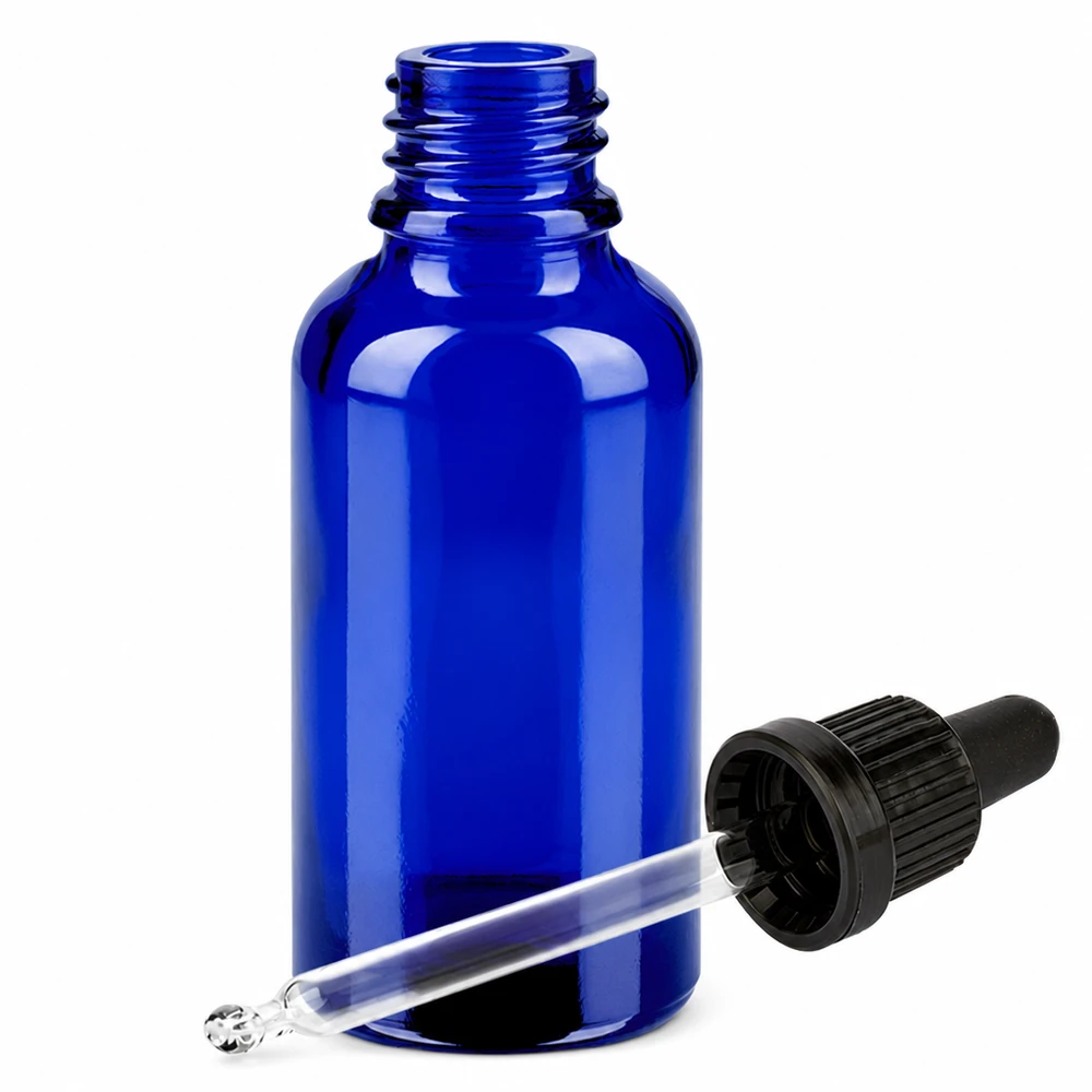 30ml Tropferflasche aus UV-schützendem blauem Glas mit schwarzem Schraubverschluss