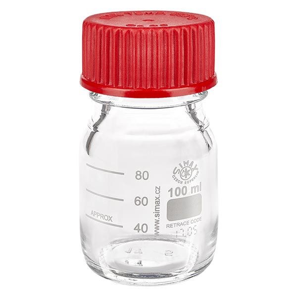 Laboratorní láhev se závitem o objemu 100 ml z borosilikátového skla 3.3. s červeným uzávěrem, těsněním a nalévacím kroužkem. Laboratorní láhev se závitem o objemu 100 ml z borosilikátového skla 3.3. s červeným uzávěrem, těsněním a nalévacím kroužkem.