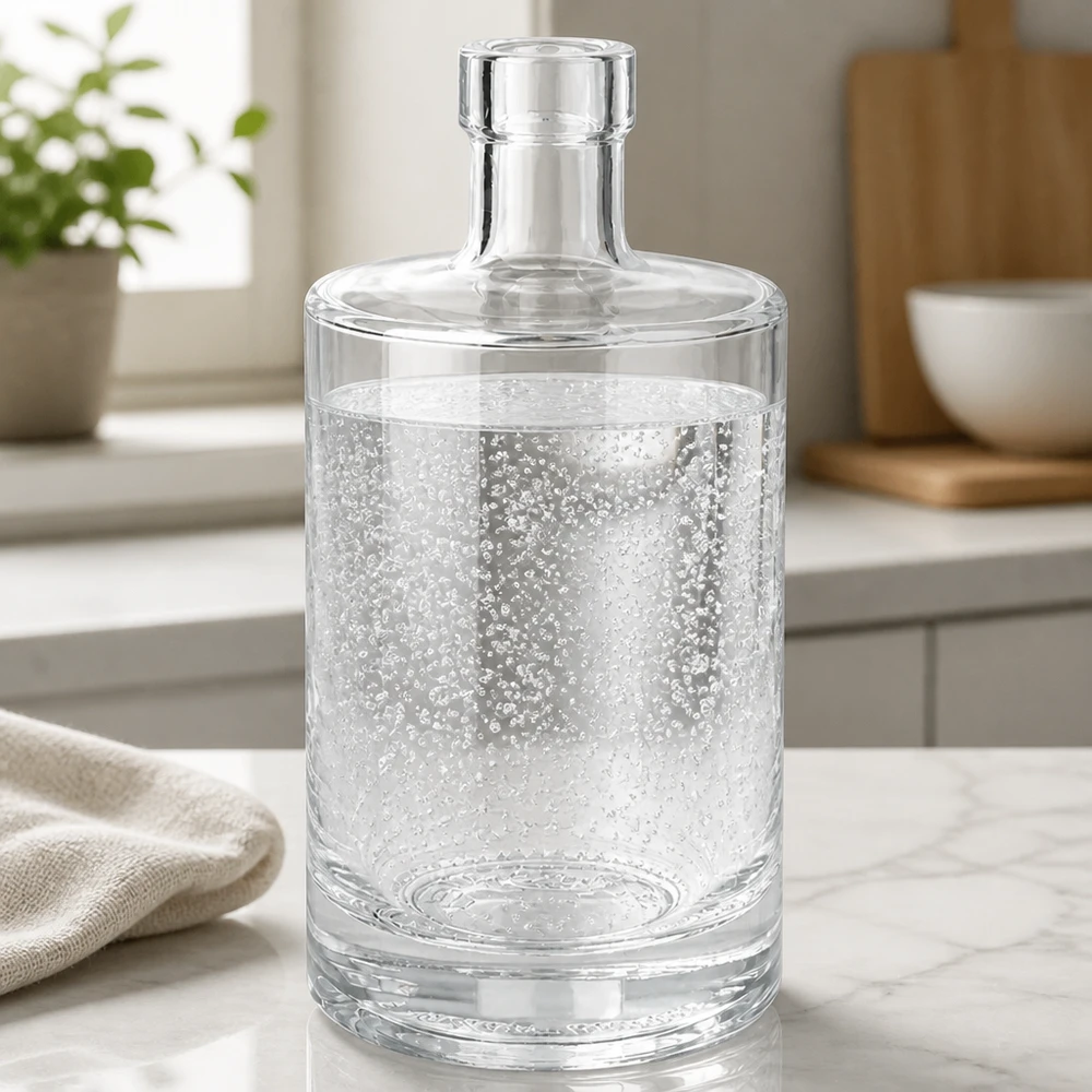 500ml Glasflasche Marie mit sprudelndem Mineralwasser gefüllt auf Marmor-Arbeitsplatte in moderner Küche