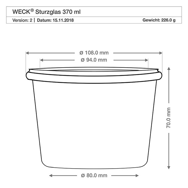 Sada 12 zavařovacích sklenic Weck s objemem 370 ml se sklenicemi s tulipánovým víčkem WECK Sturzglas 370ml RR100 technische Zeichnung Maße Abmessungen 108mm Durchmesser 70mm Höhe Produktspezifikation