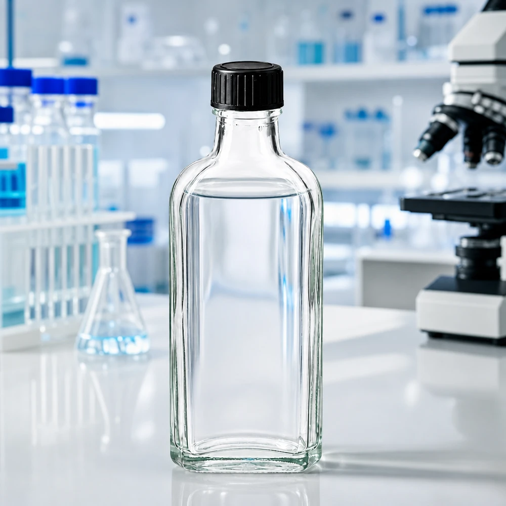 100 ml čirý šroubovací uzávěr Meplat s těsnicím diskem LKD Gerippte Klarglasflasche Meplat 100ml mit schwarzem Schraubdeckel für chemische Reagenzien