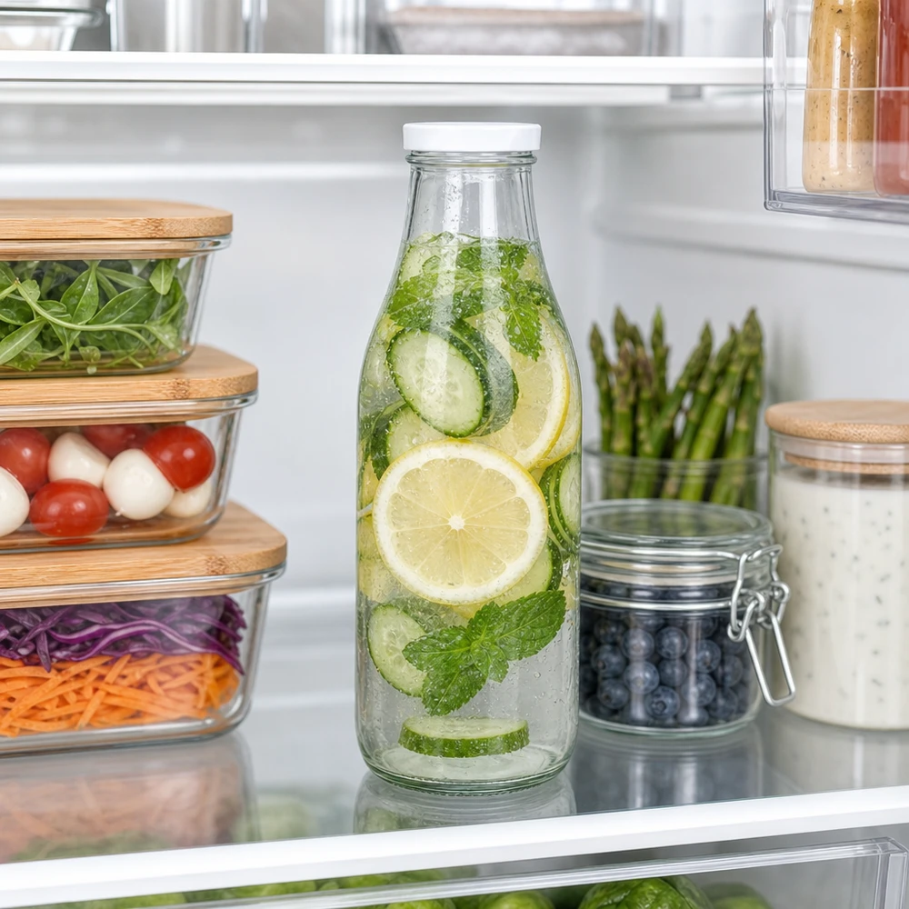 1000ml skleněná láhev + víčko BasicSeal bílé UNiTWIST 1000ml Glasflasche im Kühlschrank mit Gurkenwasser Zitrone Minze BasicSeal Deckel weiß Meal Prep Infused Water