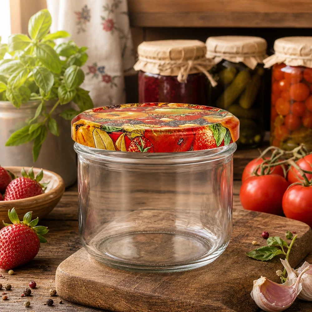260ml kelímky + víčko BasicSeal s ovocným dekorem UNiTWIST. Leeres 260ml Sturzglas mit dekorativem Obst-Deckel umgeben von frischen Tomaten und Erdbeeren in Küche