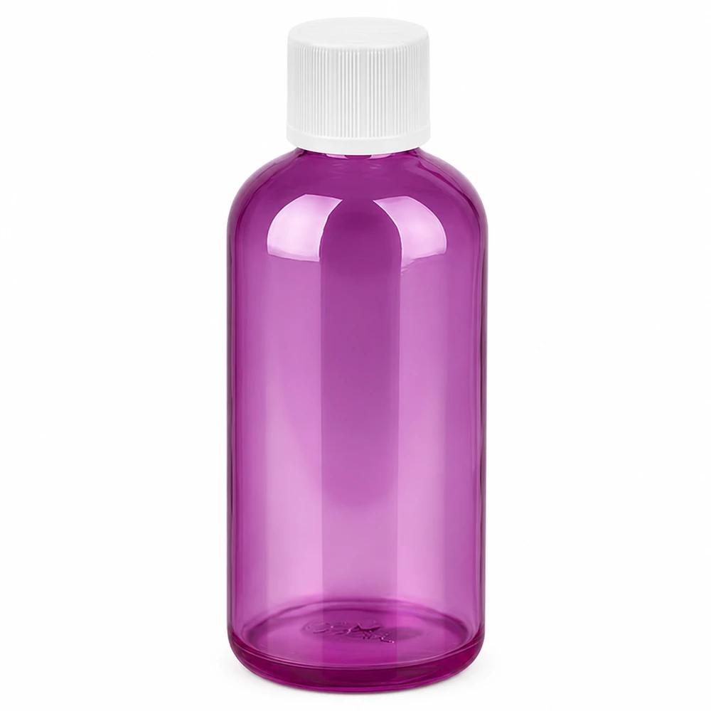 100ml láhev PurpleLine se šroubovacím uzávěrem o průměru 11 mm bílá standardní odolná proti otevření dětmi. UT18/100 Handliche 100ml Flasche in lila für Kosmetik Parfum Öle und andere flüssige Anwendungen