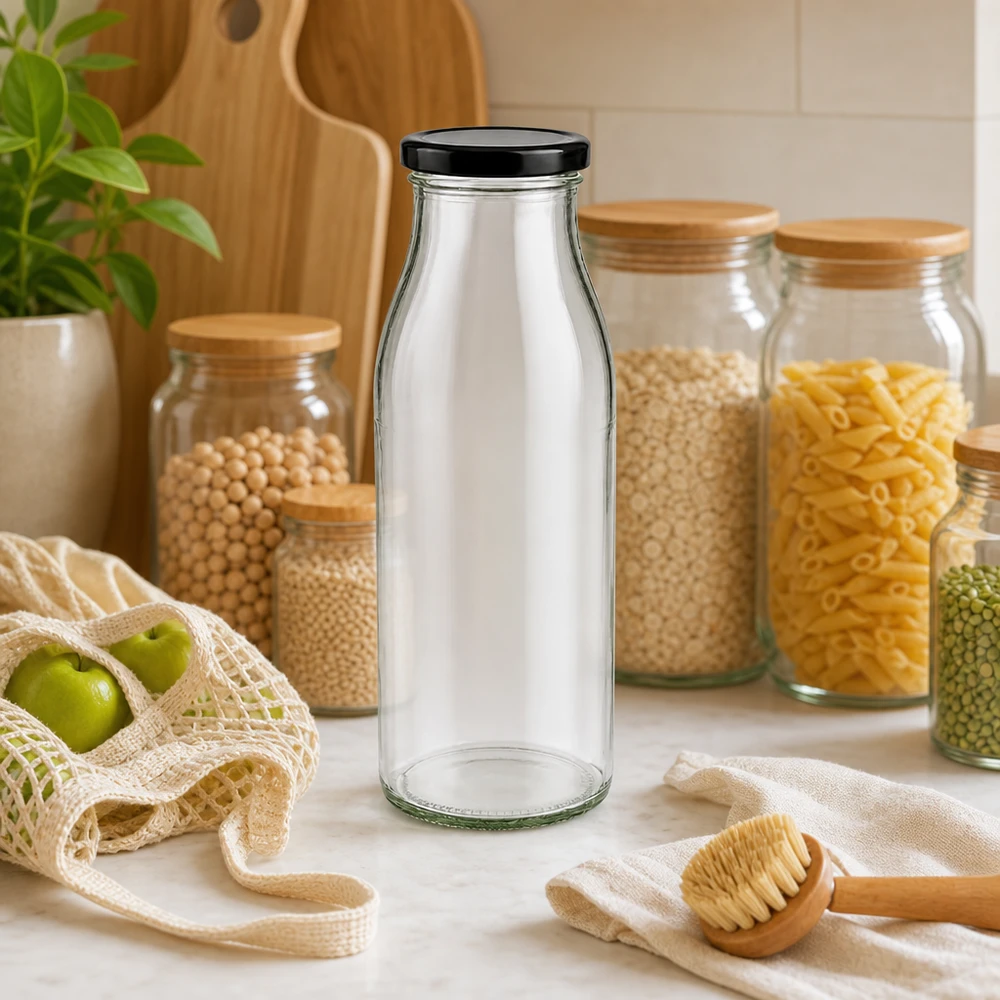 500ml skleněná láhev + víčko BasicSeal černé UNiTWIST 500ml Glasflasche mit schwarzem Deckel in Zero-Waste Küche mit Vorratsgläsern und nachhaltigen Materialien