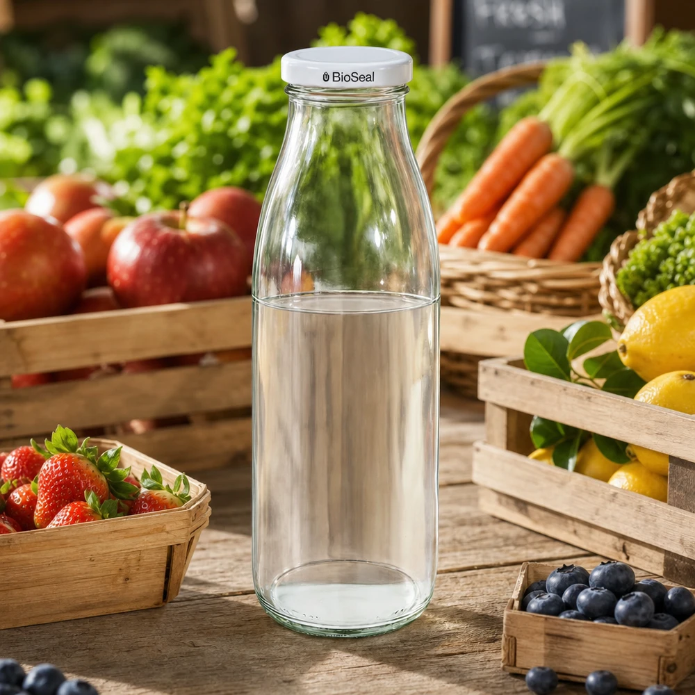 500ml skleněná láhev + víčko BioSeal bílé UNiTWIST 500ml Glasflasche mit BioSeal Deckel auf Marktstand zwischen frischem Obst und Gemüse, ideal für Säfte und Smoothies