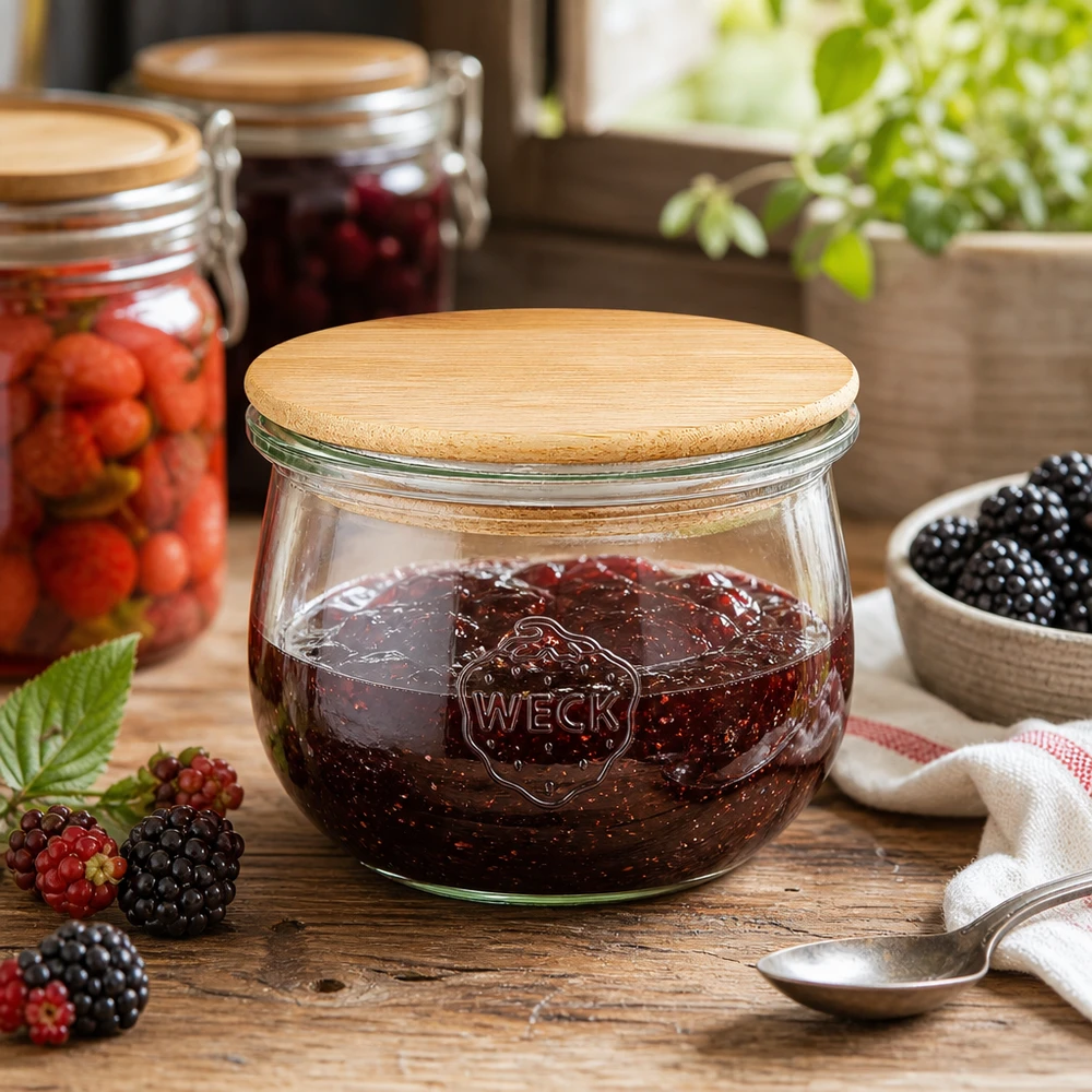580ml tulipánová sklenice WECK RR100 s dřevěným víčkem WECK Tulpenglas RR100 580ml gefüllt mit Beerenkonfitüre in rustikaler Küche mit frischen Beeren und Kochlöffel