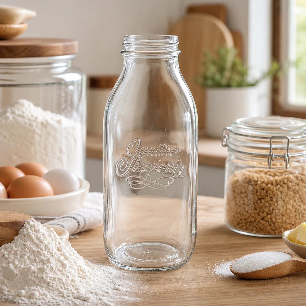 1000ml Weithalsflasche Quattro Stagioni aus Glas in rustikaler Küche mit Kochzutaten und Vorratsgläsern