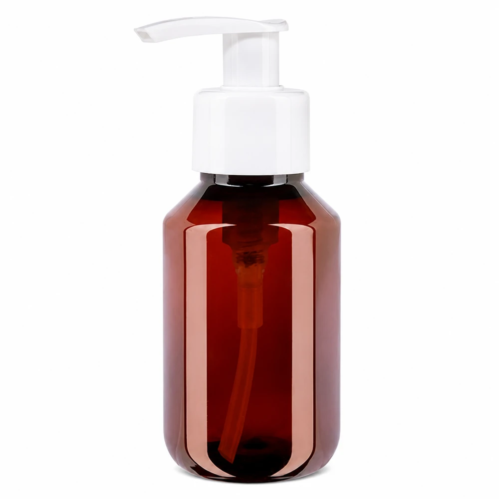 PET láhev 100ml s dávkovací pumpičkou bílá Leere PET Reiseflasche 100ml bernsteinfarben mit weisser Pumpe nachfüllbar und wiederverwendbar