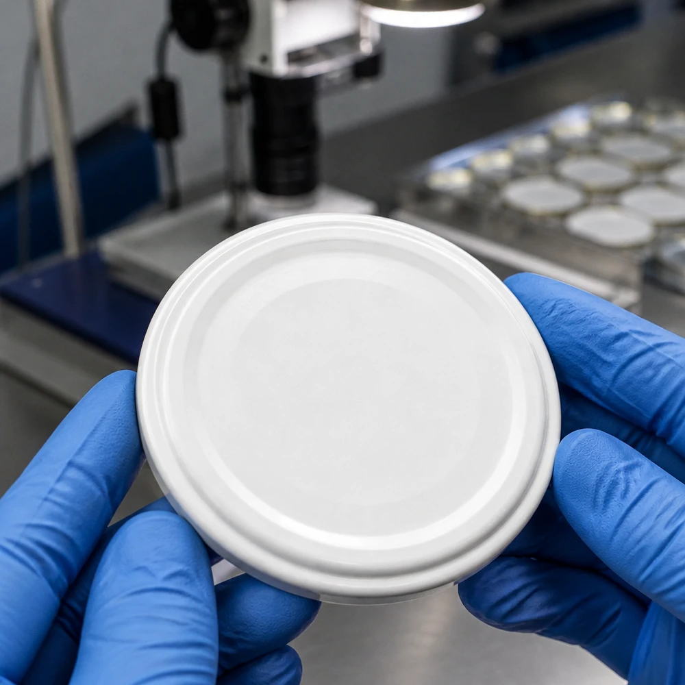 UNiTWIST TO66 – bílé víčko BioSeal v laboratorním prostředí, držené v modré jednorázové rukavici