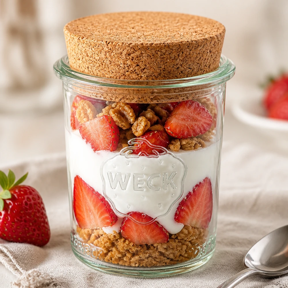 160ml sklenice WECK RR60 s korkem přírodní WECK Sturzglas 160ml RR60 gefüllt mit Joghurt Erdbeeren und Nüssen als Dessert im Glas mit Korkdeckel