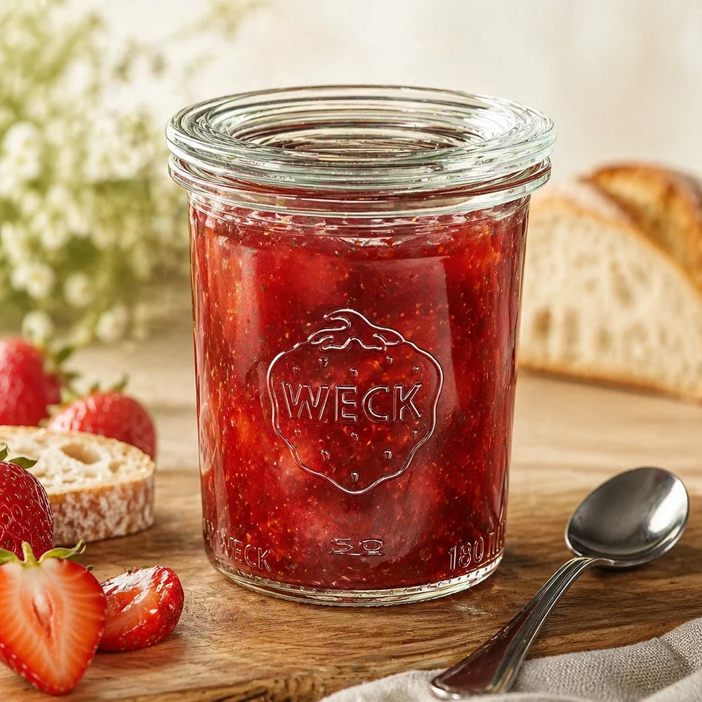 160ml zavařovací sklenice se skleněným víčkem WECK RR60 WECK Sturzglas RR60 160ml mit roter Erdbeermarmelade und Löffel, dekorativ arrangiert mit Brot und Erdbeeren