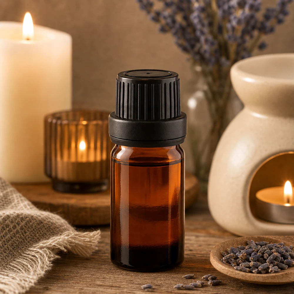 Kompakte 5ml Apothekerflasche aus Braunglas mit kindersicherem Schwarzverschluss Wellnessambiente