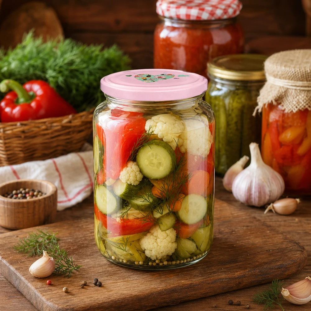 795ml kulatá sklenice + víčko BasicSeal srdíčková růžová UNiTWIST Rundglas 795ml mit rosa Herzdeckel befüllt mit eingelegtem Gemüse Gurken Blumenkohl Paprika in rustikaler Küche