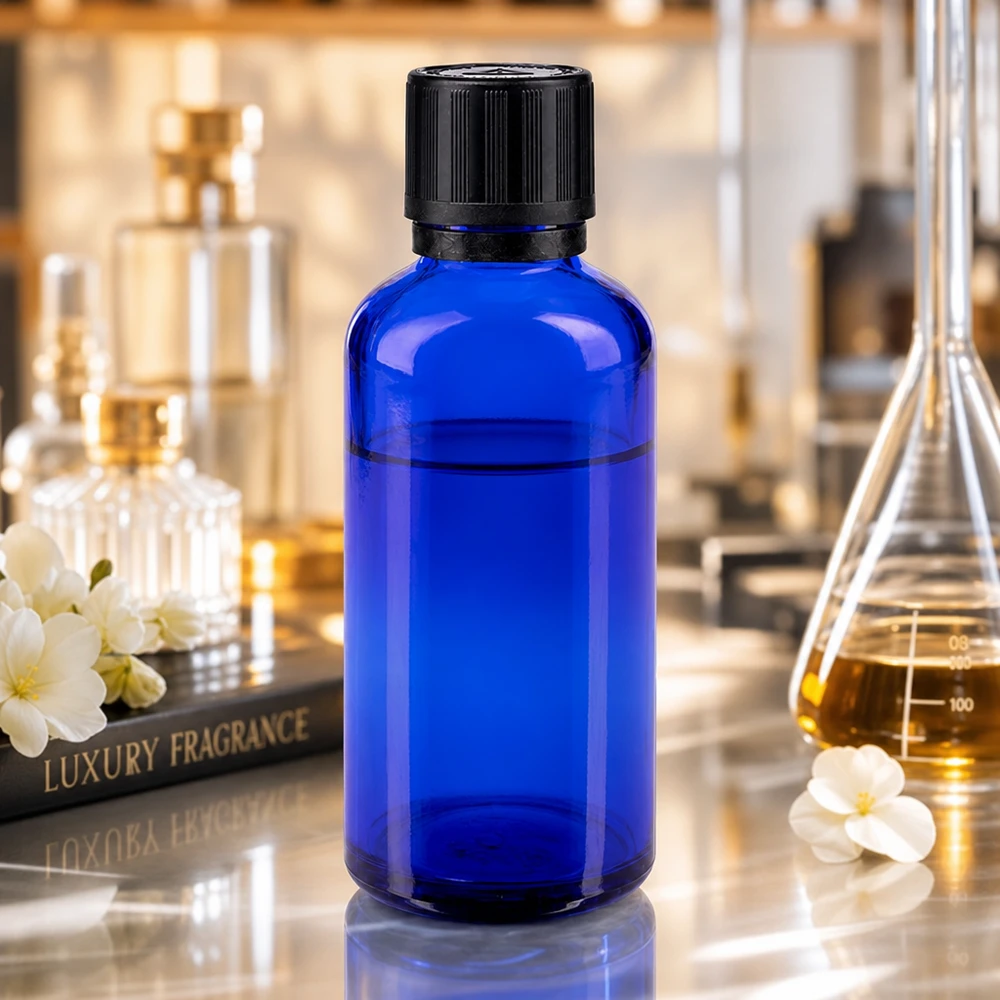 Lékárenská láhev modrá 50ml kapátko uzávěr nalévací kroužek 1mm černý dětský bezpečnostní zámek výstražný symbol tamper evident uzávěr. Blaue 50ml Apotheker-Tropfflasche mit OV-Schraubverschluss auf Marmorfläche mit Jasminblüten