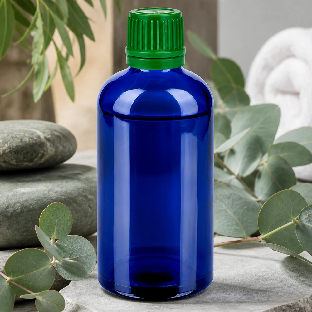 Professionelle Laborflasche 100ml in Kobaltblau mit grünem SV-Verschluss für sichere Lagerung