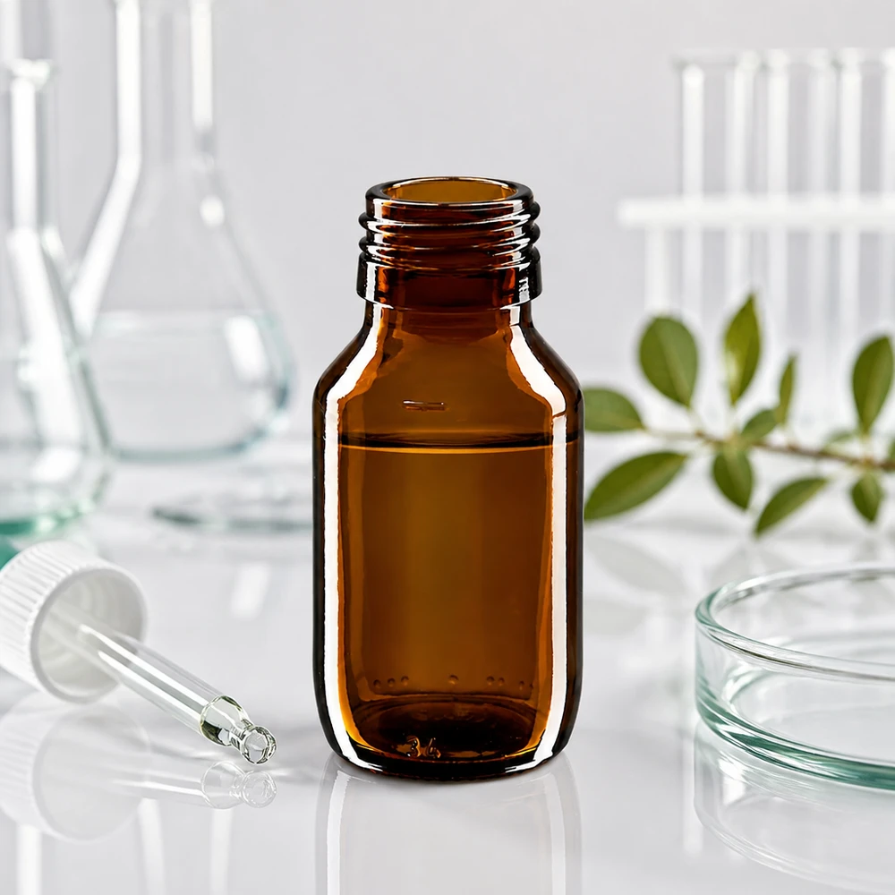Hnědá lahvička na léky o objemu 50 ml, bez uzávěru PP28 ApoGlas 50ml Medizinflasche braunglas wiederverwendbar für individuelle Dosierung PP28 Thread
