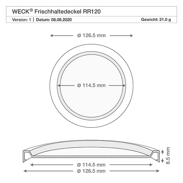 Gurmánská sklenice o objemu 300 ml s čerstvým víčkem. WECK RR120 Technische Zeichnung WECK RR120 Frischhaltedeckel mit Maßangaben Durchmesser 126,5mm und 114,5mm Querschnitt