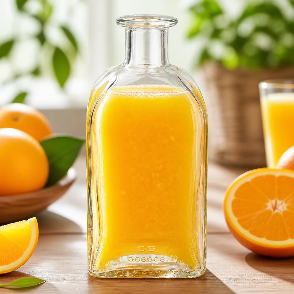 500ml Glasflasche "Julia" ohne Verschluss UNiTWIST 500ml Glasflasche Julia mit Orangensaft befüllt umgeben von frischen Orangen und Orangenscheiben auf Holztisch