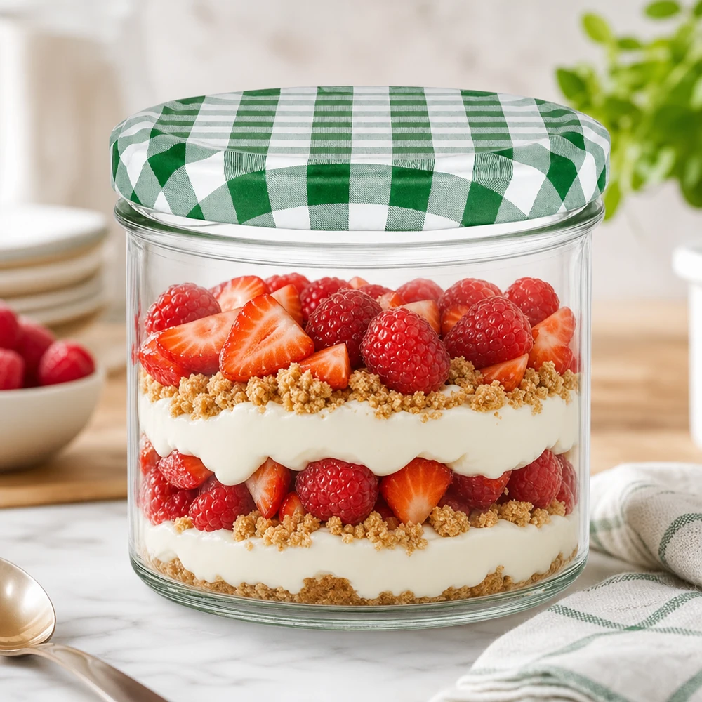 225ml kelímky + víčko BasicSeal zelená/bílá UNiTWIST. 225ml Sturzglas mit grün-weißem Karodeckel als Dessertglas für Schichtdessert mit Beeren und Sahne