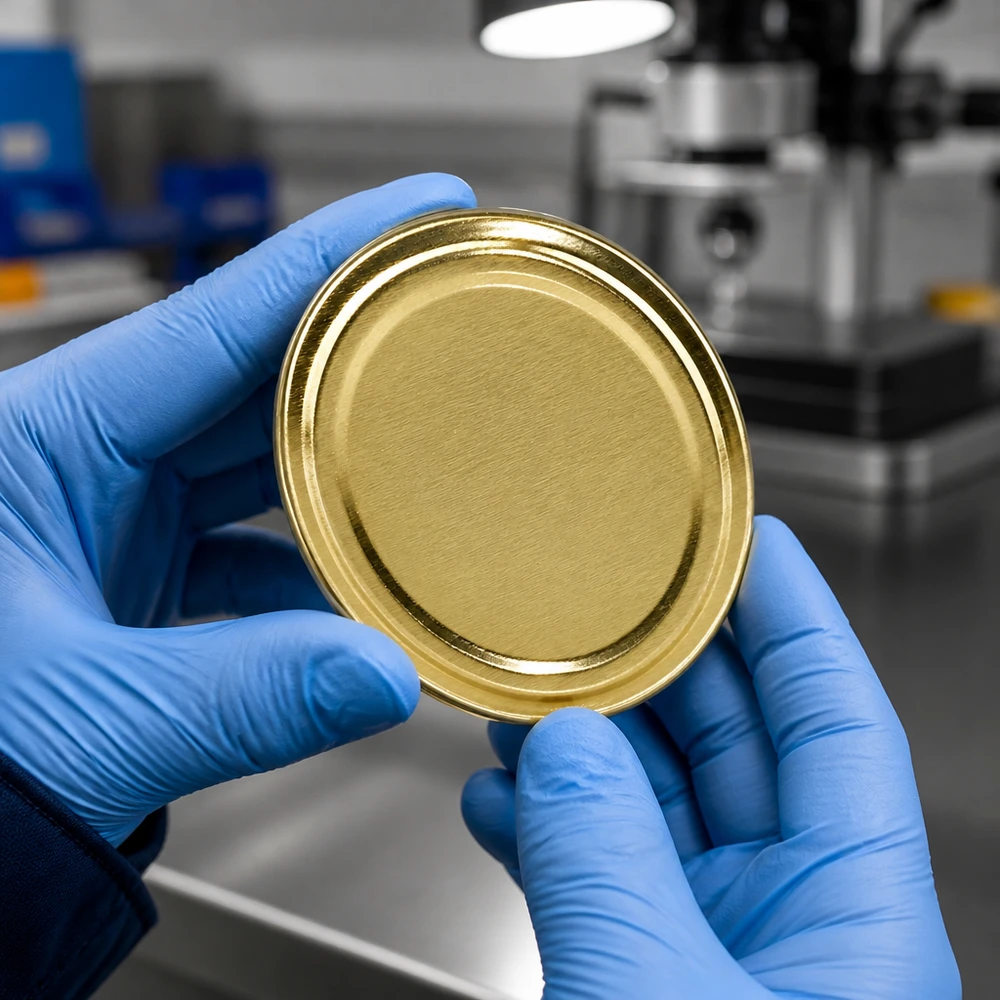 58mm víčko BasicSeal, zlaté, TO58 UniTwist – detailní záběr v modré laboratorní rukavici