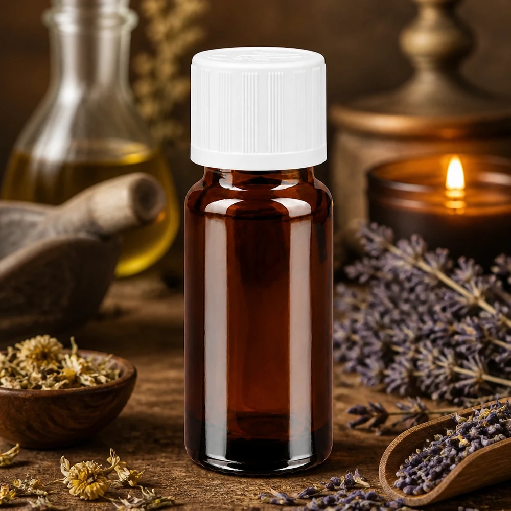 Lékárenská lahvička hnědá 10ml šroubovací uzávěr bílý dětský odolný st. 10ml Flasche aus braunem Apothekerglas mit weißem KiSi-Verschluss und Aromaöl Zubehör