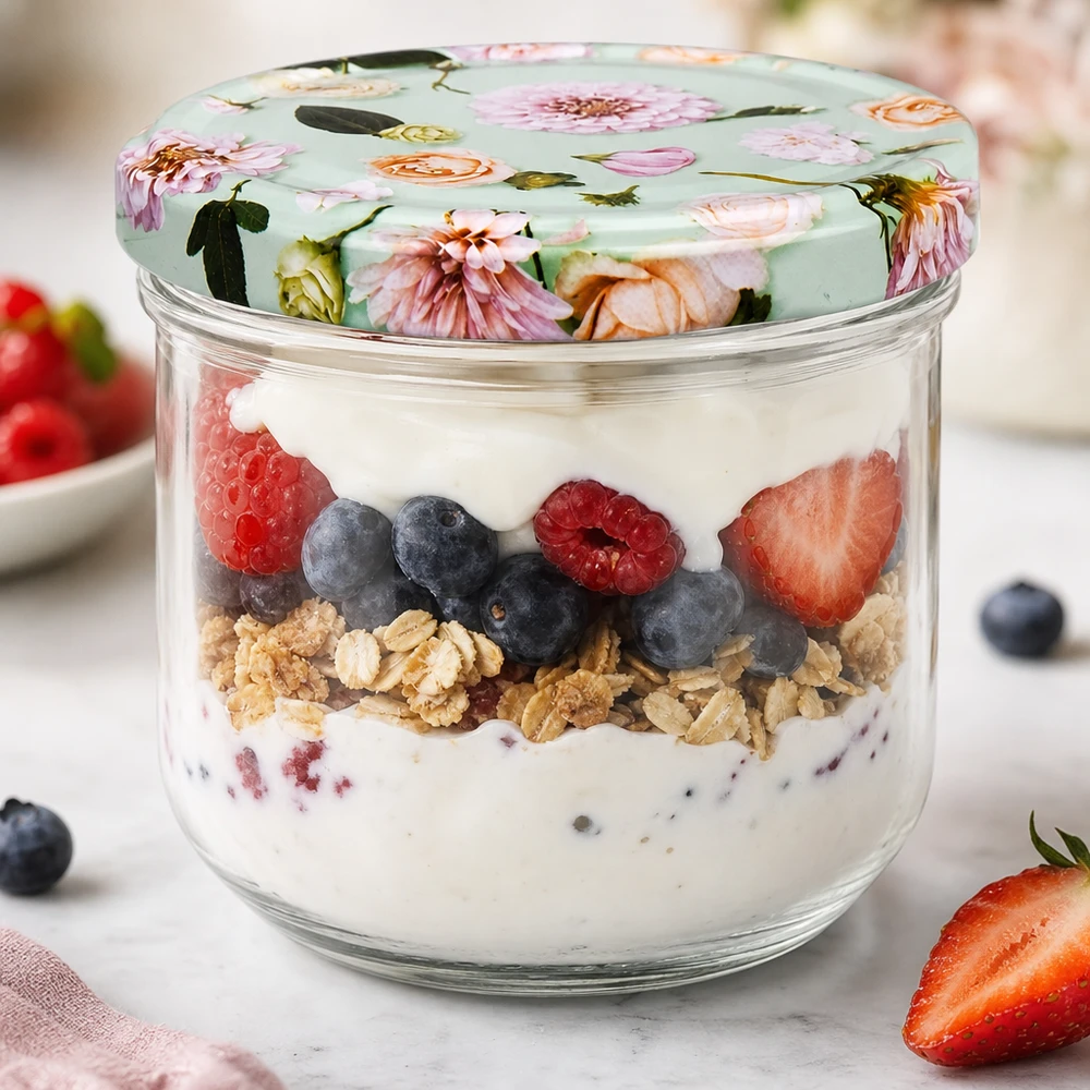 Sturzglas 260ml mit Blumendeckel gefüllt mit Joghurt-Parfait und Beeren als Anwendungsbeispiel für Desserts