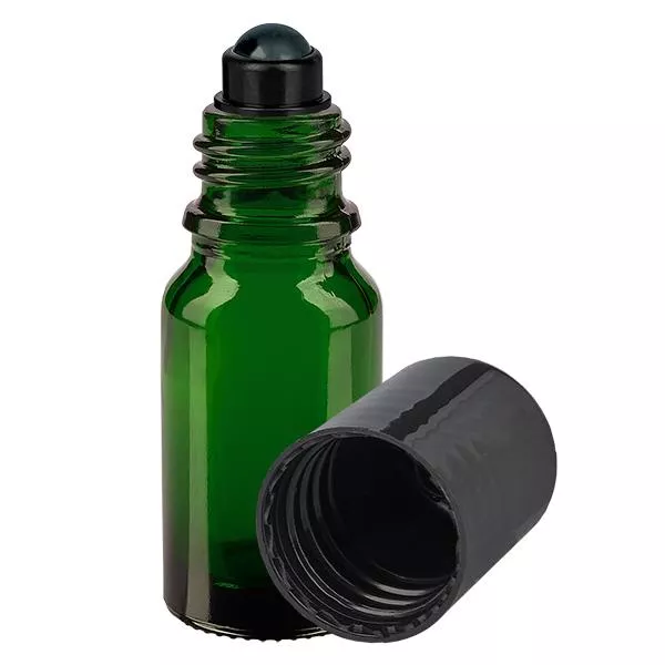 Lékárenská lahvička zelená 10ml roll-on uzávěr černý Lékárenská lahvička zelená 10ml roll-on uzávěr černý
