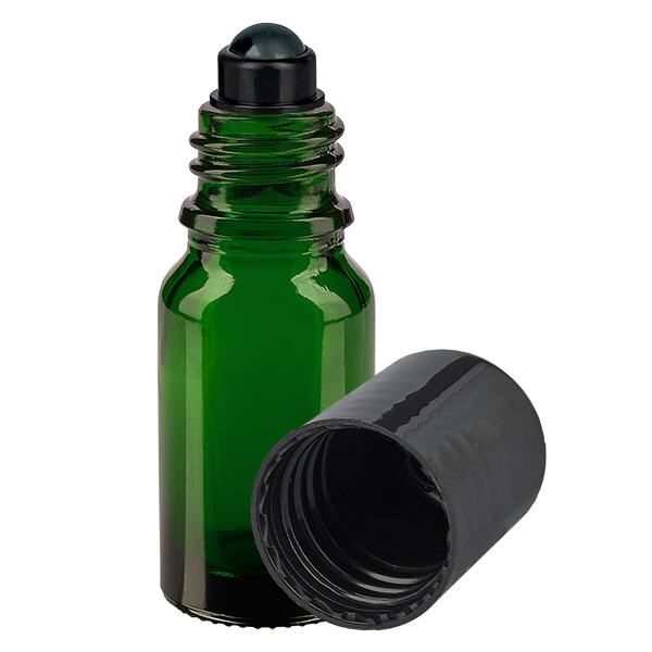 Lékárenská lahvička zelená 10ml roll-on uzávěr černý Lékárenská lahvička zelená 10ml roll-on uzávěr černý