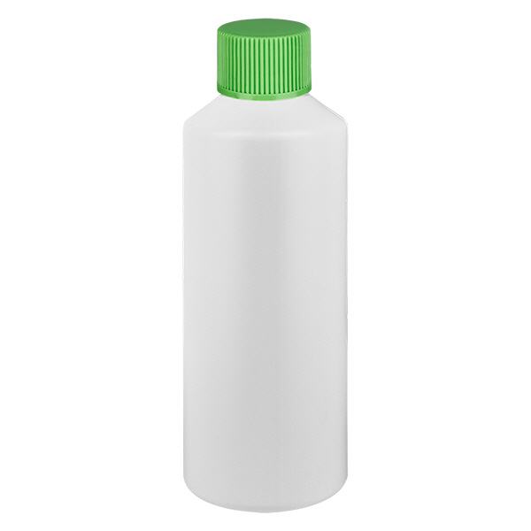 Lékárenská láhev HDPE 100ml bílá, se zeleným šroubovacím uzávěrem Lékárenská láhev HDPE 100ml bílá, se zeleným šroubovacím uzávěrem