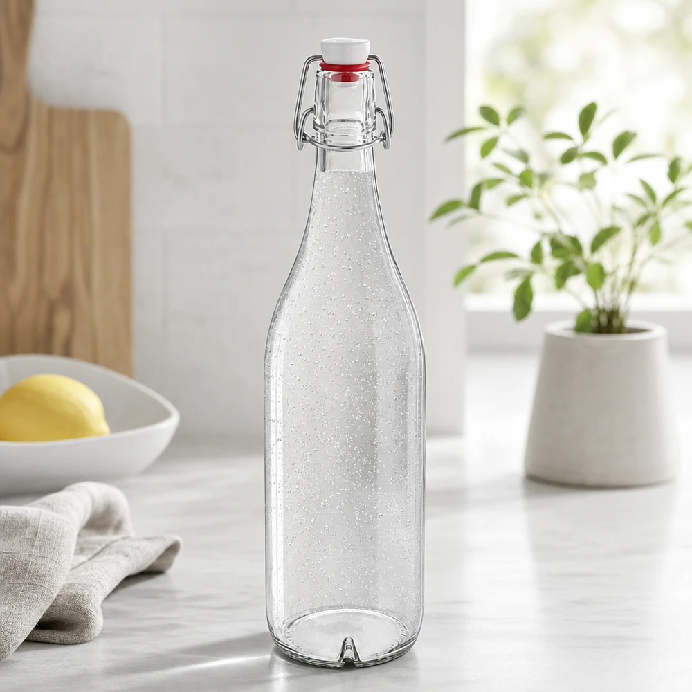 1000ml skleněná láhev + otočný vršek PVC UNiTWIST 1000ml Glasflasche mit Bügelverschluss PVC UNiTWIST gefüllt mit Sprudelwasser in moderner Küche Lifestyle